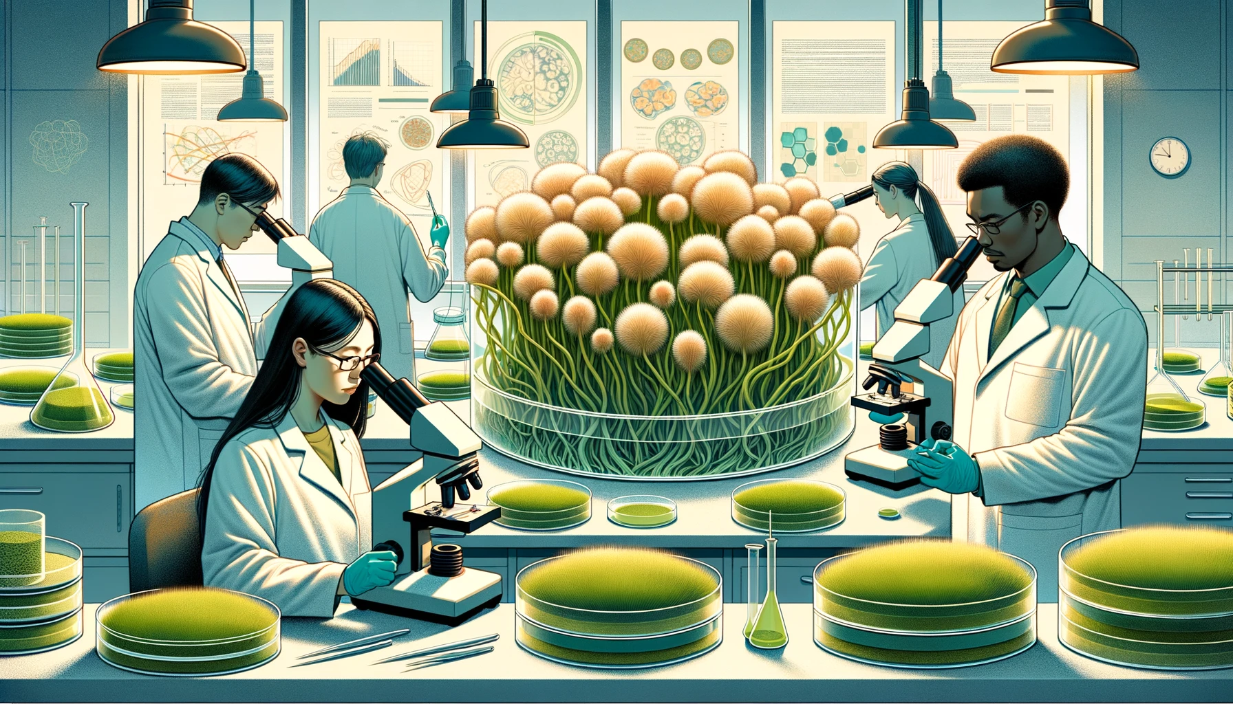 Illustration of a lab with scientists using microscopes and conducting research. A large Petri dish with dandelion-like structures is the focal point, surrounded by beakers, charts, and other lab equipment.