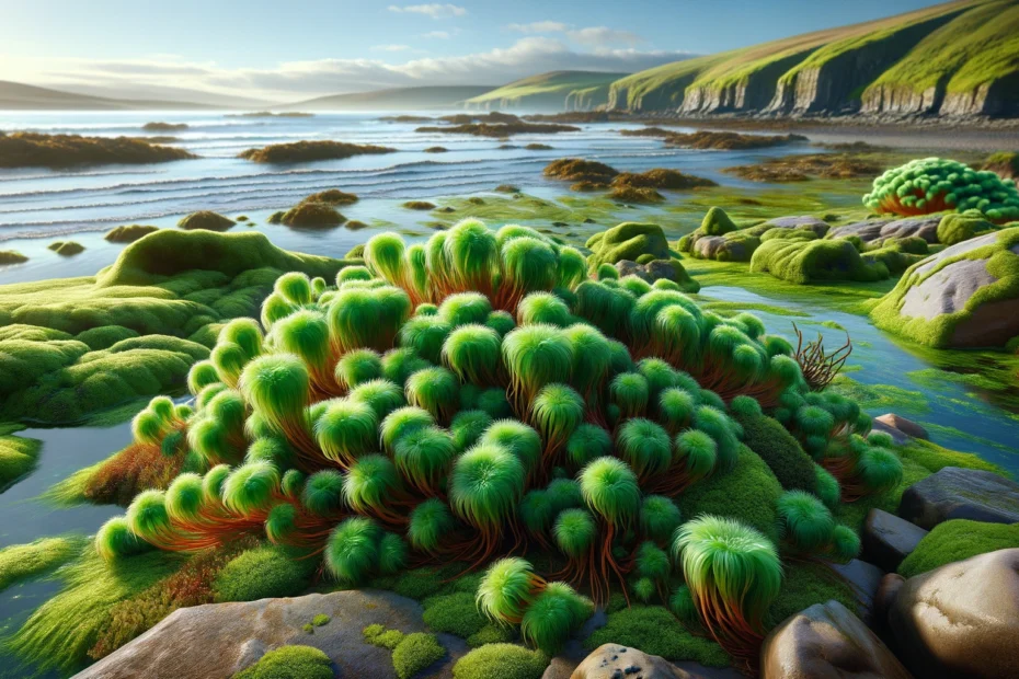 A realistic depiction of vibrant emerald-green Irish Moss, or Sagina subulata, nestled among seaside rocks with gentle waves and a clear blue sky in the background.