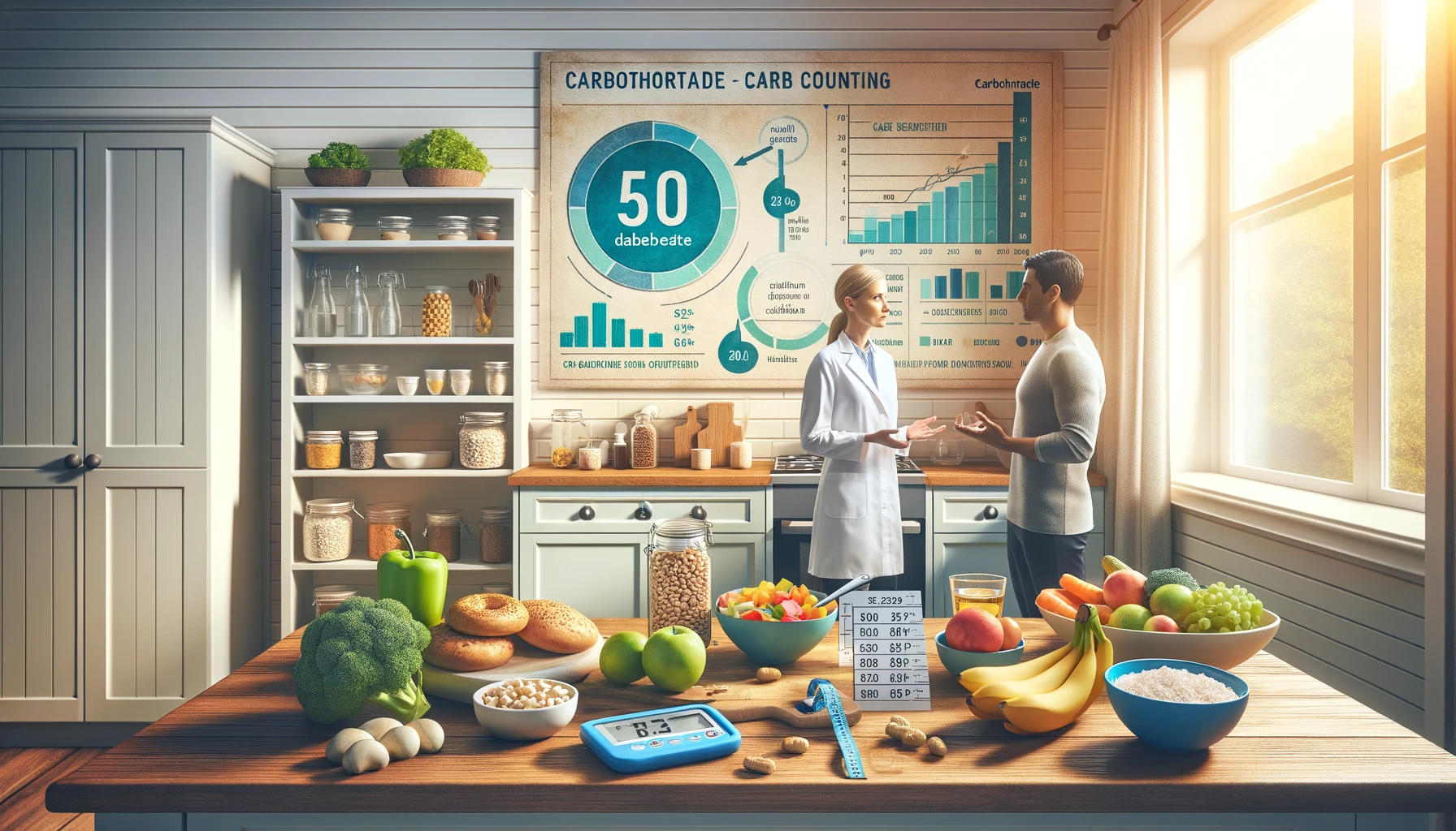 Healthcare professional explaining carb counting to a patient in a kitchen with foods labeled for carbohydrate content, and an insulin-to-carb ratio infographic on the wall.