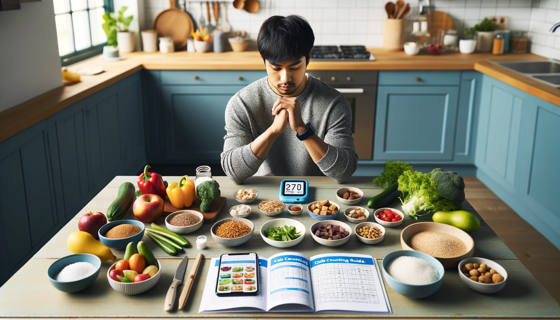 A South Asian person calculating carbs and controlling portion sizes with healthy foods, a carb counting guide, and a diabetes management app in a well-equipped kitchen.