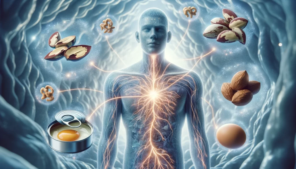 An illustrative depiction of immune system enhancement with a human figure and symbols of selenium sources like Brazil nuts, tuna, and eggs in a serene internal body environment.