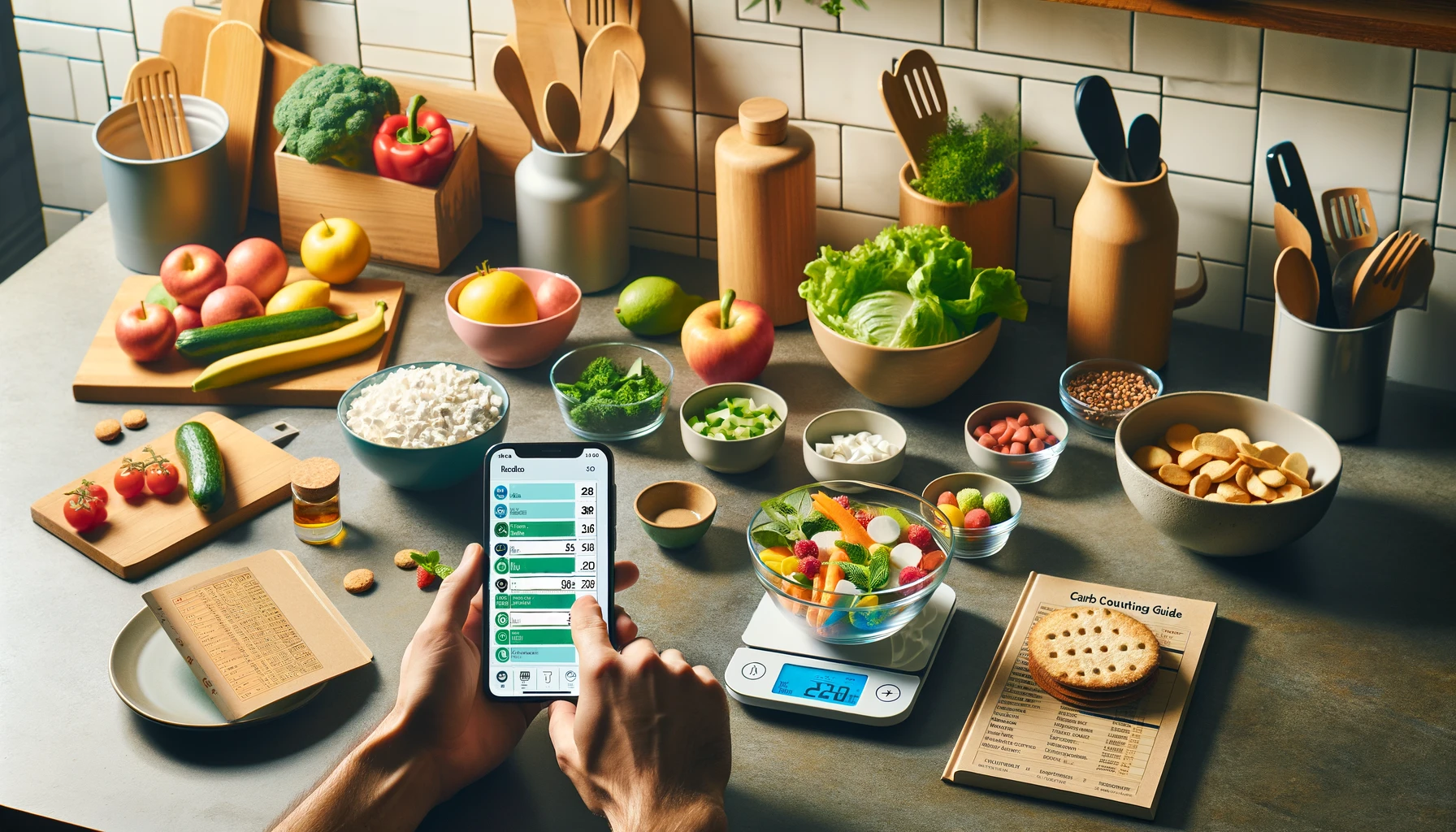 A neatly arranged kitchen countertop displaying a variety of foods with nutritional labels, hands using a smartphone for scanning labels, and a digital scale showing food weight, all suggesting a tech-savvy approach to diabetes control through carb counting.