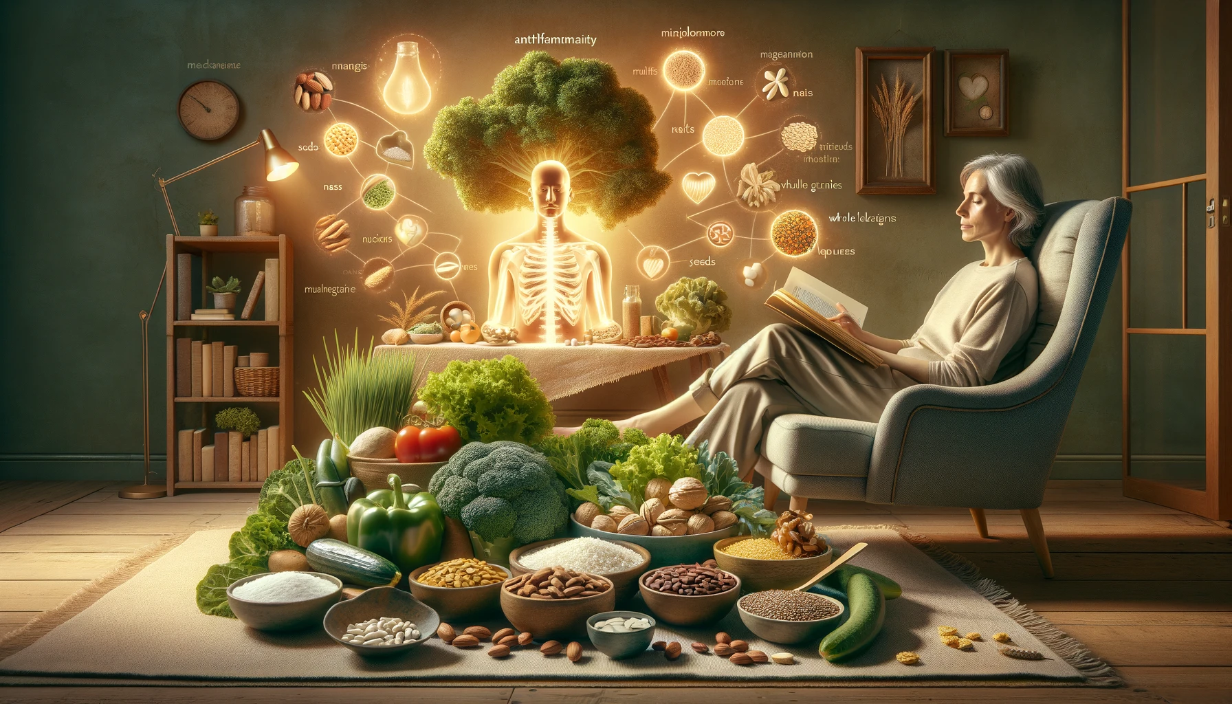 A serene image depicting an assortment of magnesium-rich foods like leafy greens, nuts, and legumes artfully arranged on a wooden surface, symbolizing heart-healthy dietary choices for a sedentary lifestyle.