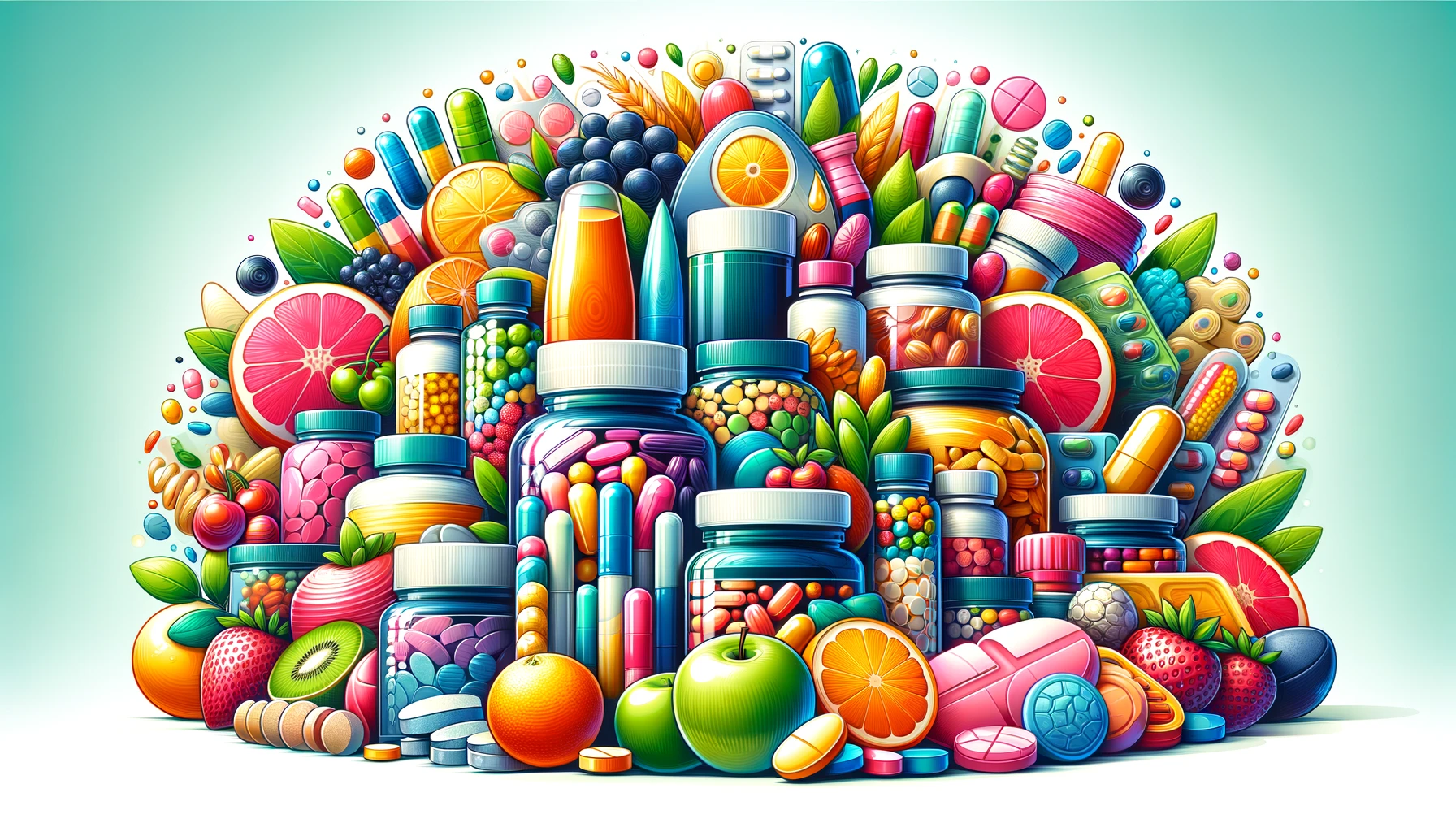 Colorful illustration of various dietary supplements including vitamins and minerals, as part of the Healthy Life - New Start's exploration of health supplements.