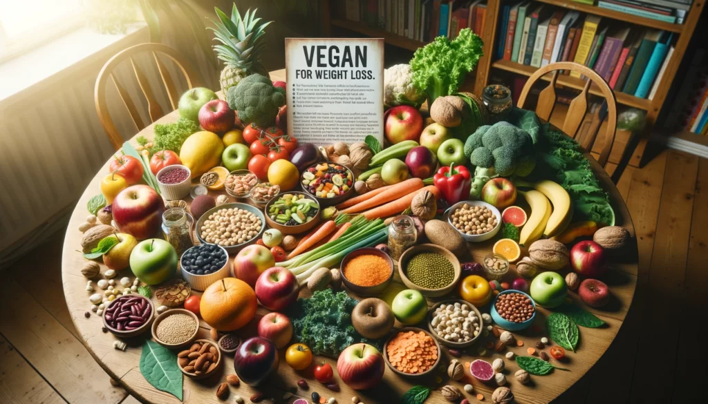 A photo of a wooden table laden with a colorful selection of fruits, vegetables, legumes, nuts, and seeds, highlighting the variety and appeal of a vegan diet.