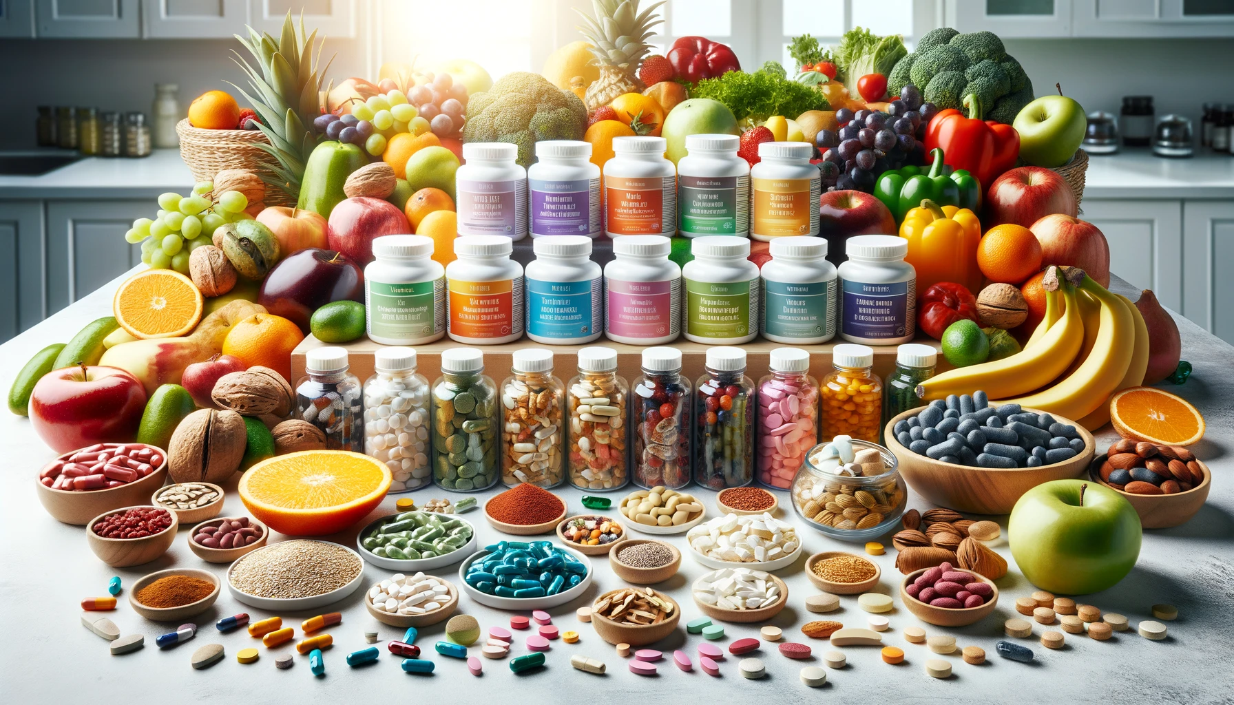 Various nutritional supplements in pill form are arrayed with labels indicating their vitamin content, surrounded by a selection of whole foods like fruits, vegetables, nuts, and seeds on a bright kitchen counter.