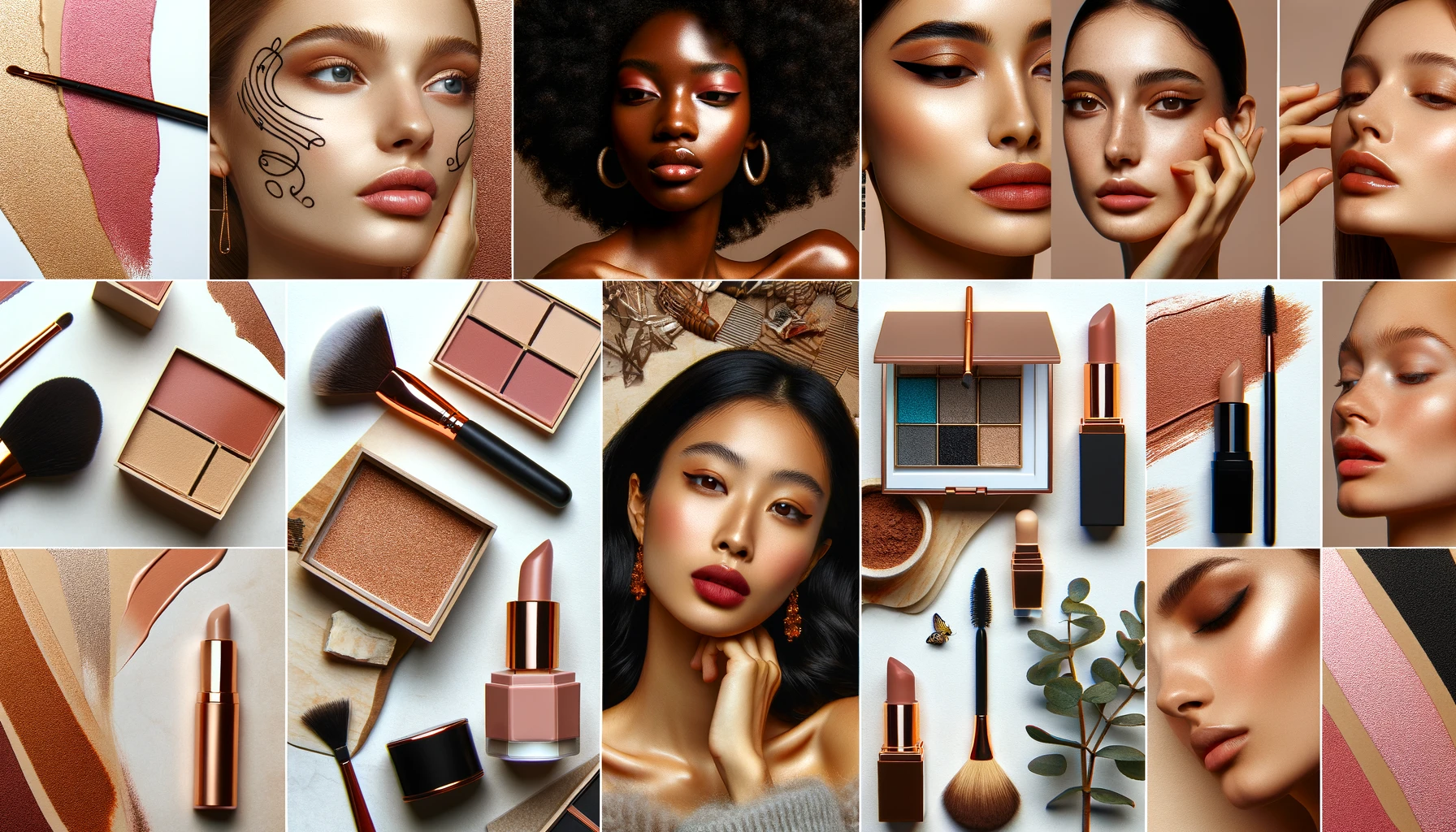  Collage of various Beauty Trends, including natural skincare and bold makeup, featured on Healthy Life - New Start.