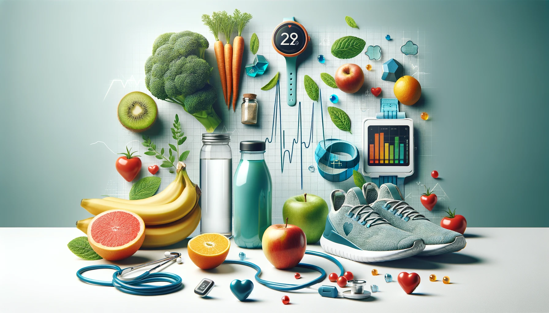 Health tips concept image with fruits, vegetables, and fitness gear, featured on "Healthy Life - New Start" blog.