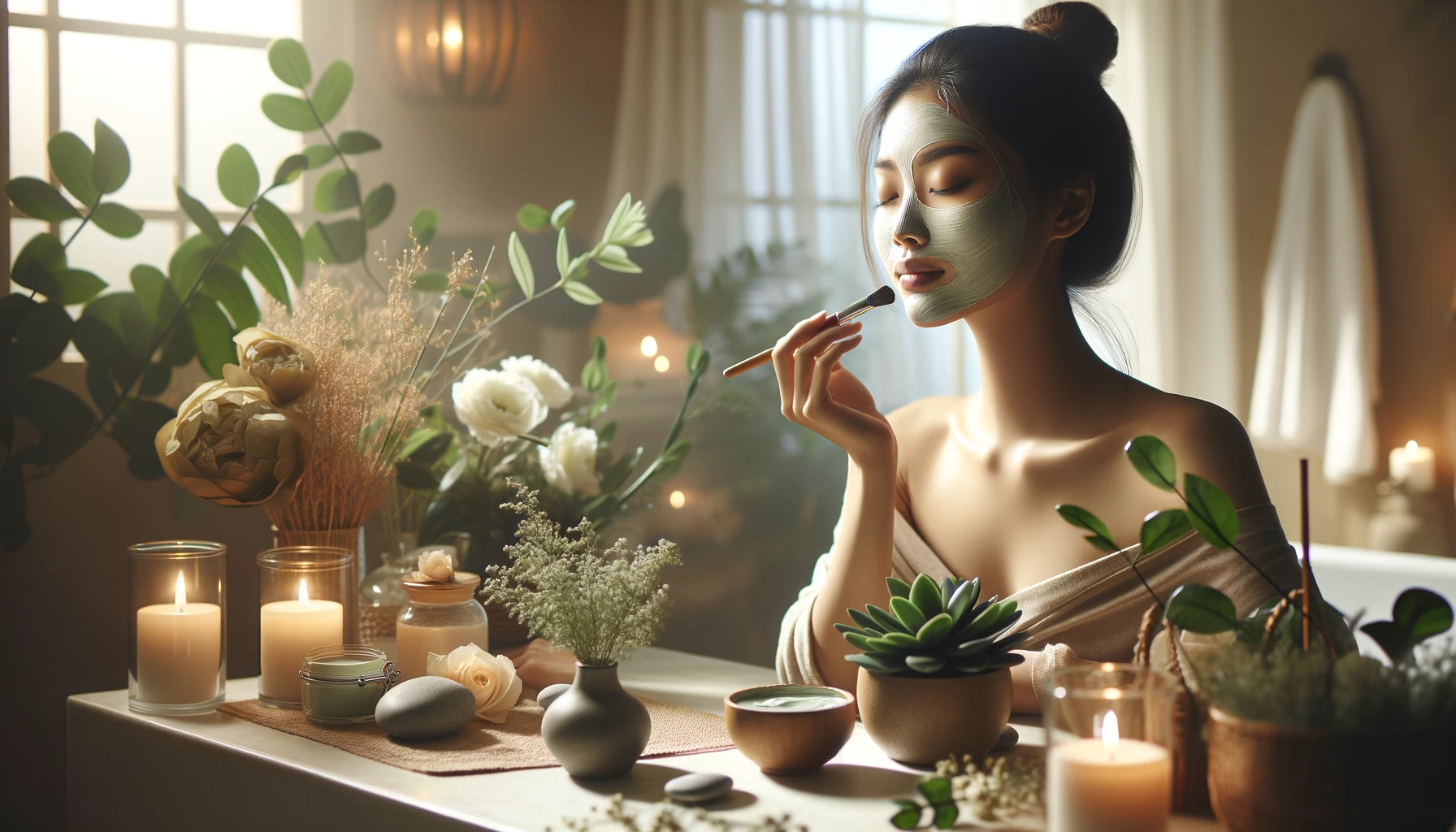 Asian woman practicing beauty ritual, representing Healthy Life - New Start's focus on natural wellness.