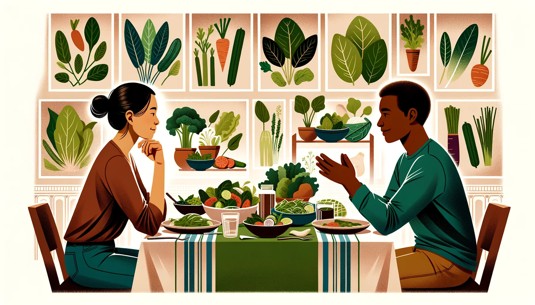 Two individuals from diverse backgrounds discussing nutrition over a table with cultural foods and leafy greens.