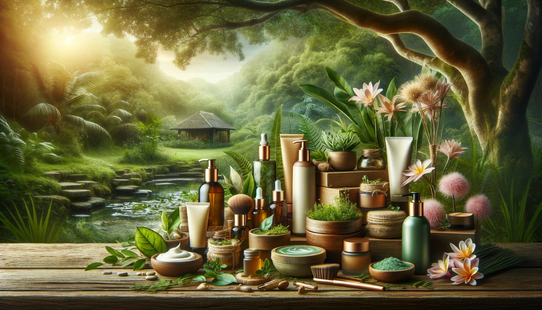  Eco-friendly natural beauty products in a lush outdoor setting, highlighting Healthy Life - New Start's focus on natural beauty.