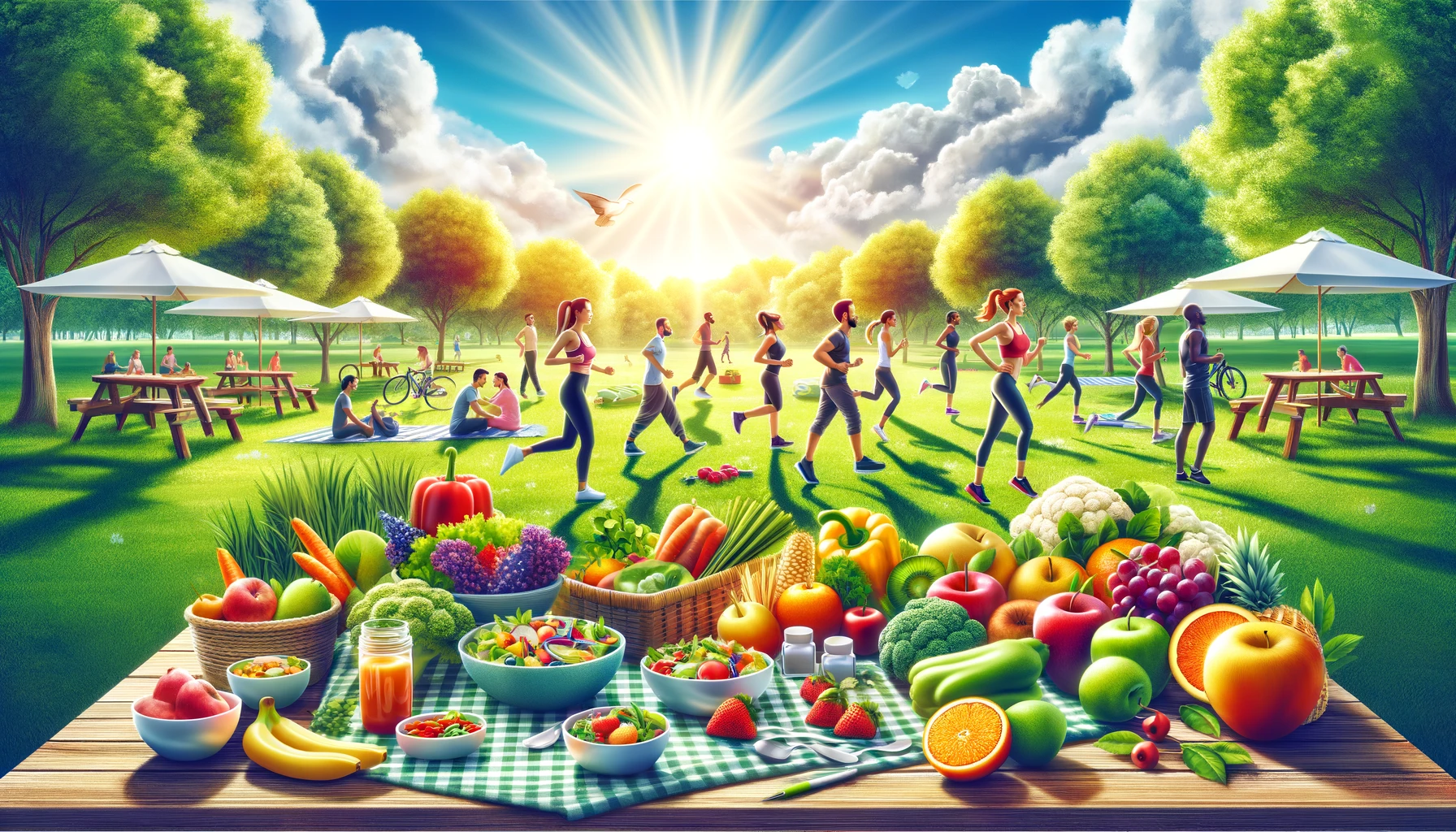 Diverse people engaging in outdoor exercises and enjoying healthy foods, featured on 