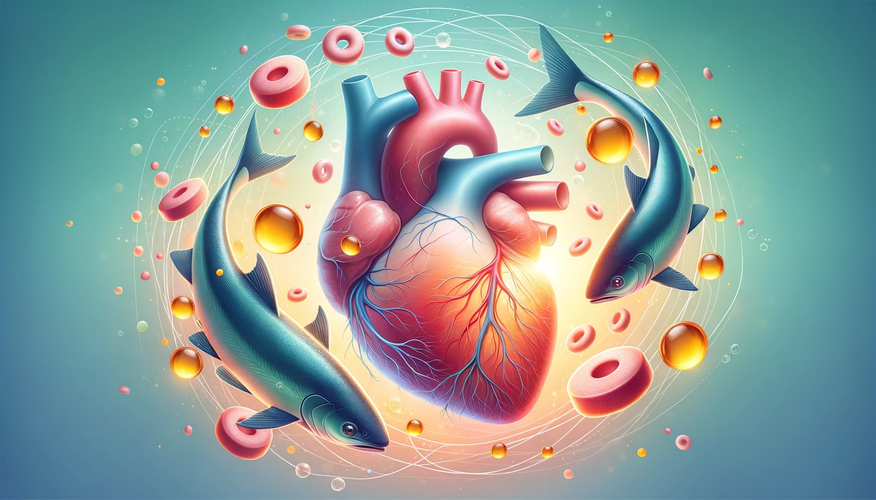 An illustration of a human heart intertwined with fish and omega-3 molecules, symbolizing the cardiovascular benefits of consuming fatty fish.