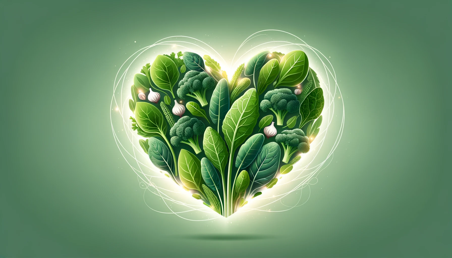 Illustration of a heart intertwined with spinach, kale, and collard greens, glowing with health.