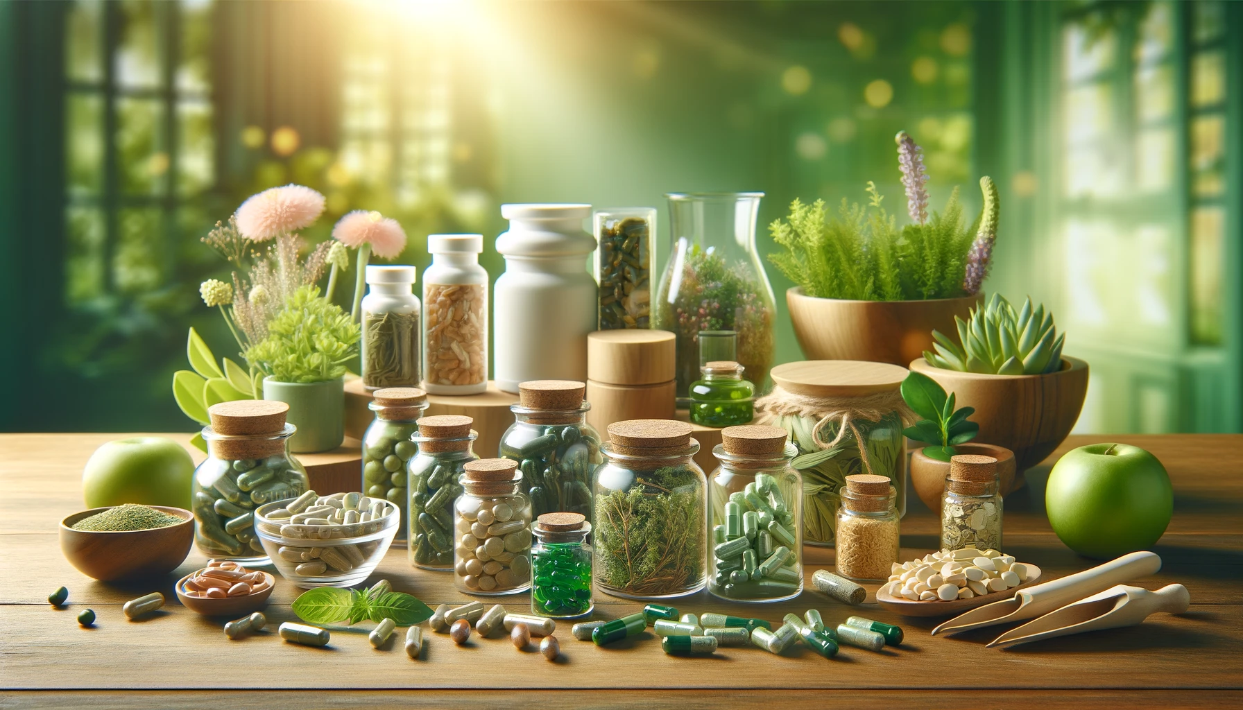 Assortment of herbal supplements, including capsules and teas, on Healthy Life - New Start blog.