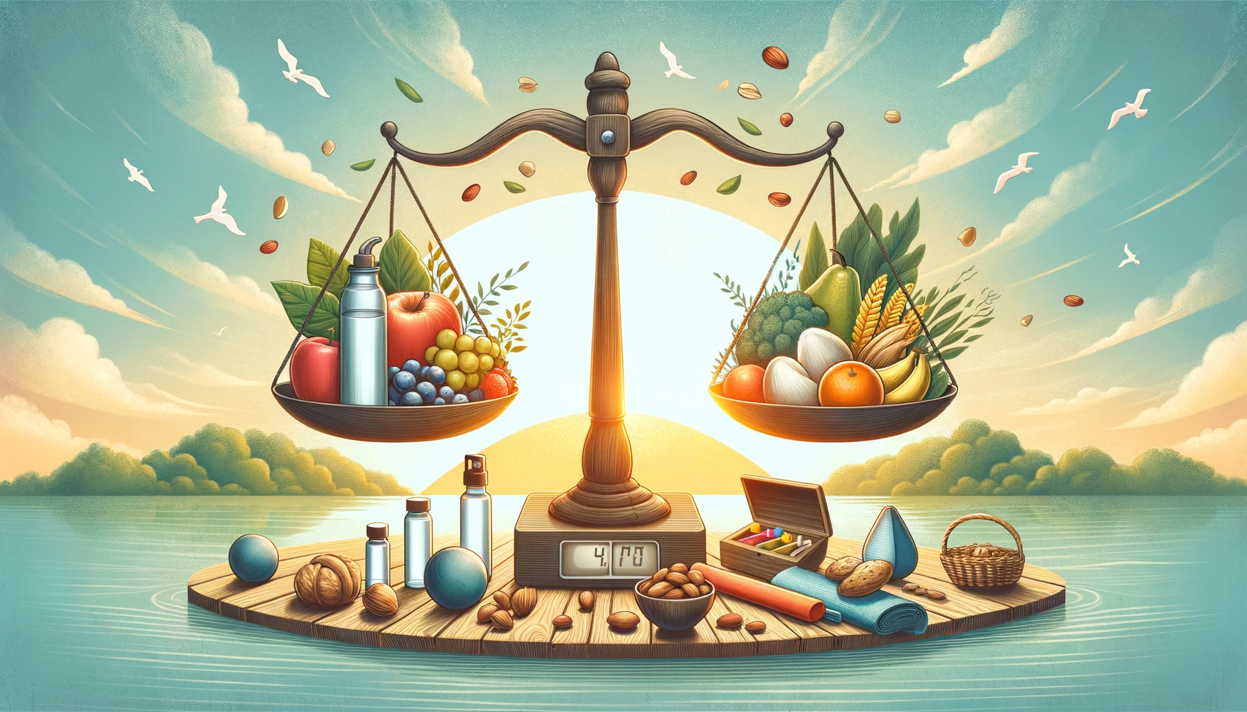 Illustration of balanced scale with healthy foods and lifestyle elements, representing hormone balance for Healthy Life - New Start blog.