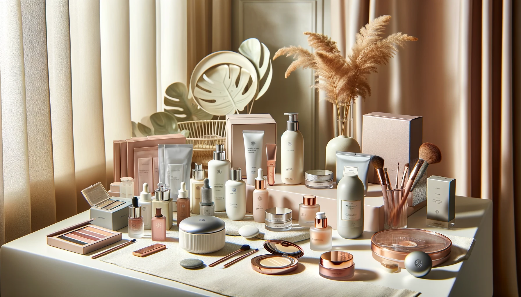 Assorted K-Beauty skincare and makeup products on a minimalist background, representing Korean beauty trends on Healthy Life - New Start blog.