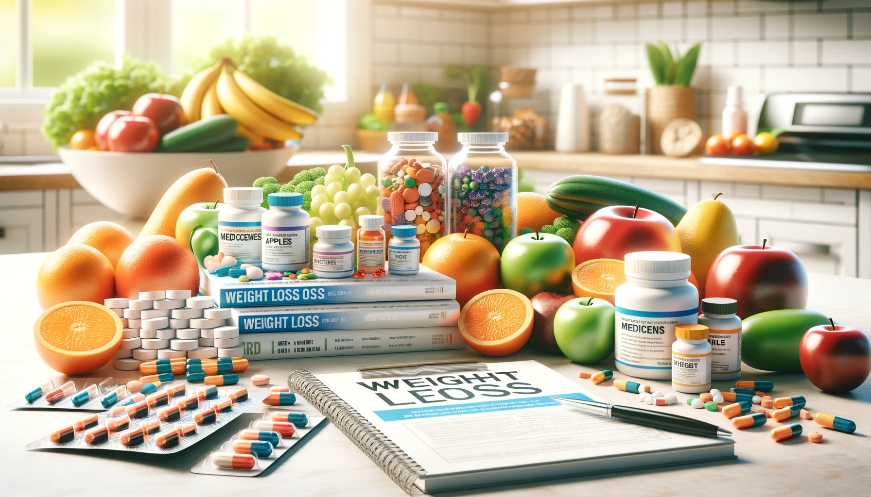 Various weight loss medications and a healthy lifestyle guidebook, symbolizing a balanced approach to weight loss.