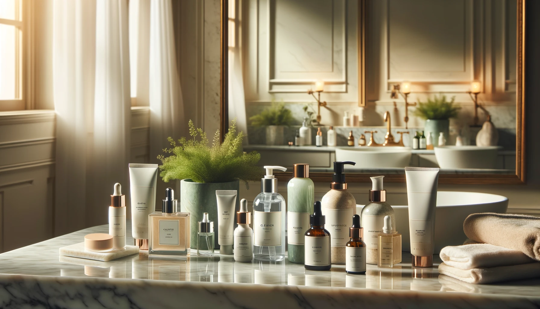 Luxurious multi-step skincare products arranged in a serene bathroom setting, featured by Healthy Life - New Start.