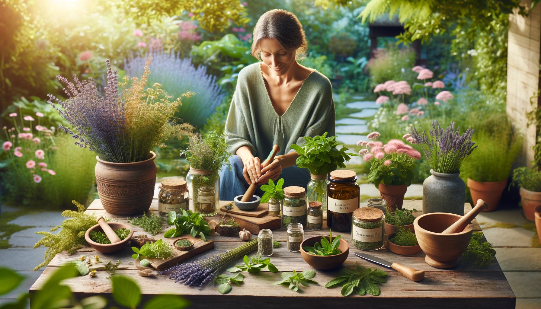 Middle-aged woman preparing herbal remedies in a lush garden, representing Healthy Life - New Start's focus on natural healing.