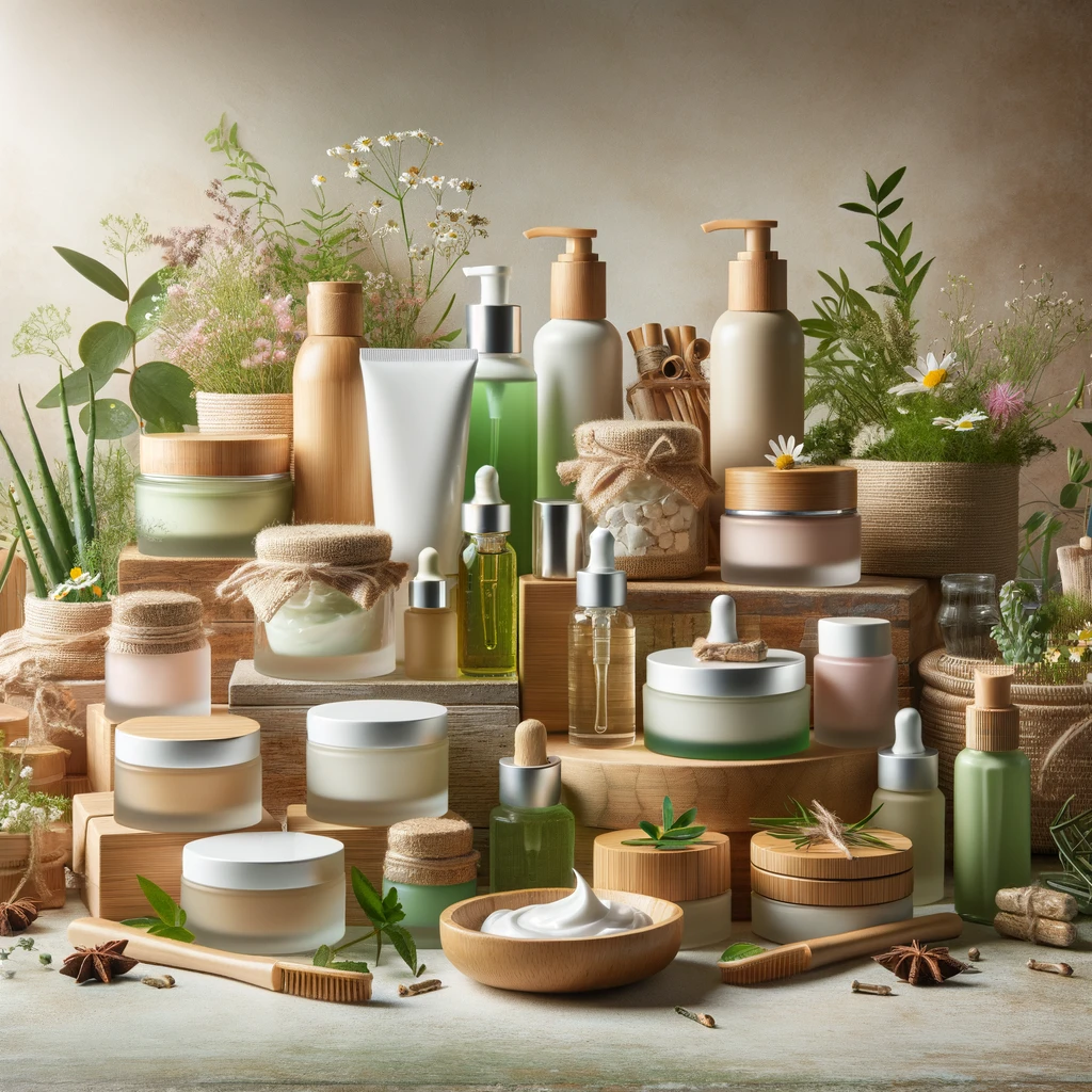 Array of organic skincare products on a natural backdrop, highlighting Healthy Life - New Start's focus on eco-friendly beauty.
