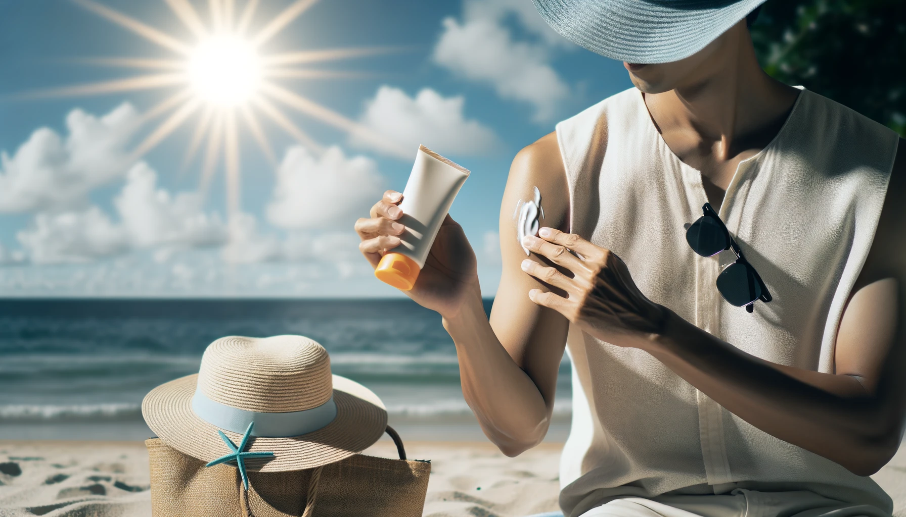 Asian person applying sunscreen on their arm at the beach, emphasizing skin protection on Healthy Life - New Start.