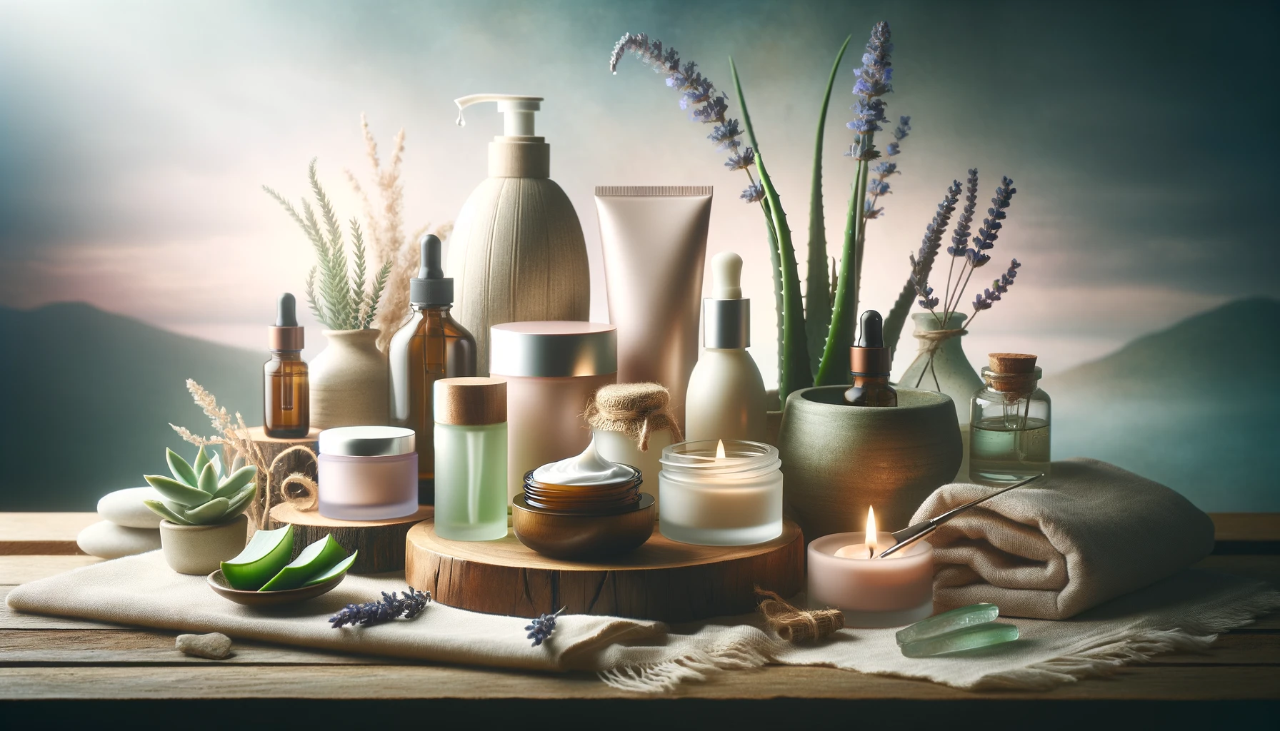 Assortment of skincare products and natural ingredients on a wooden shelf, representing Healthy Life - New Start's focus on skincare.
