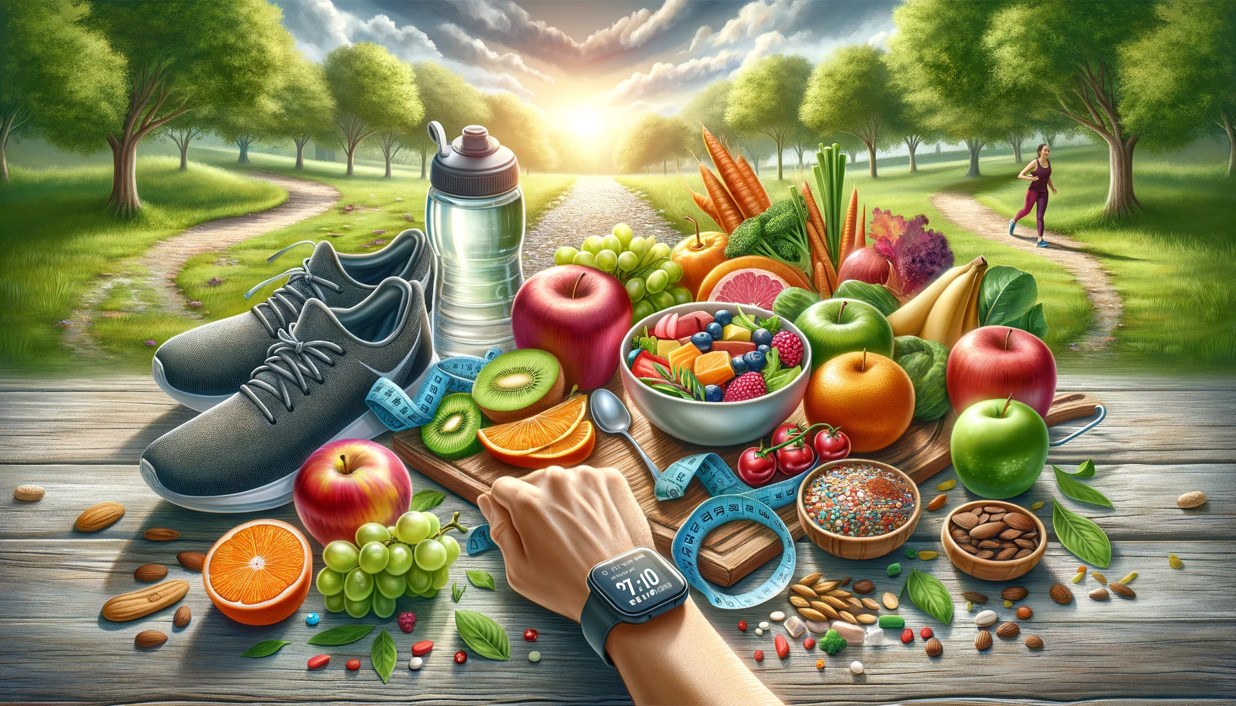 Sustainable weight loss concept image from Healthy Life - New Start featuring balanced diet and exercise elements.