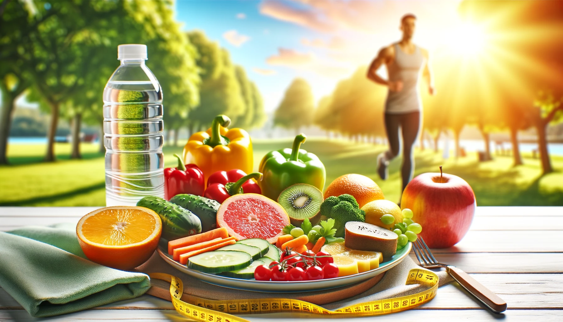 Balanced meal and jogging person in the background, symbolizing weight loss and healthy living on Healthy Life - New Start blog