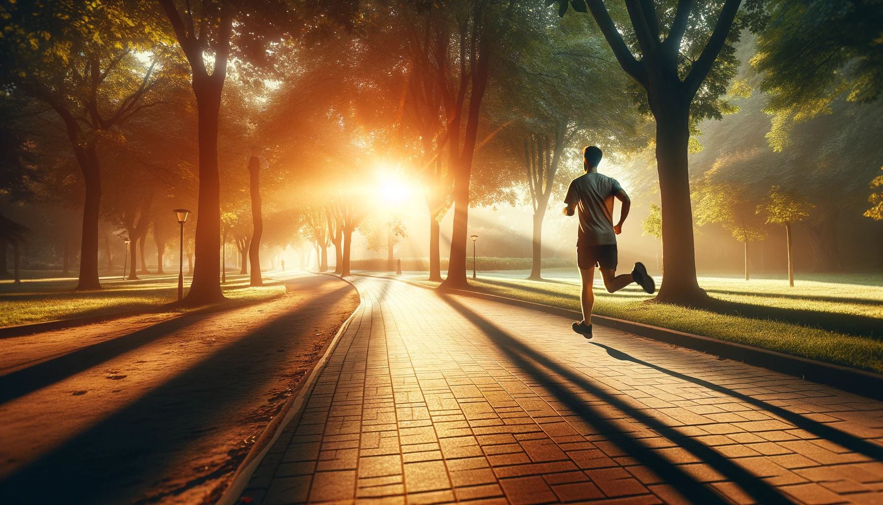 Jogger embracing exercise at sunrise in a park, representing Healthy Life - New Start's commitment to wellness