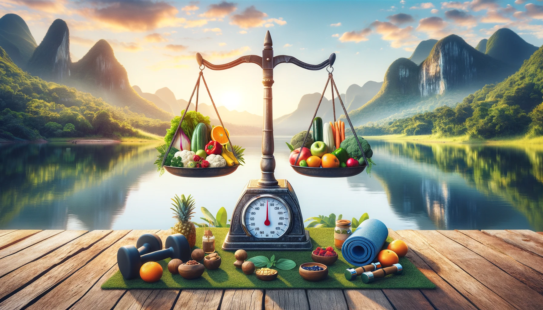  Balanced scale with healthy food and fitness gear for 