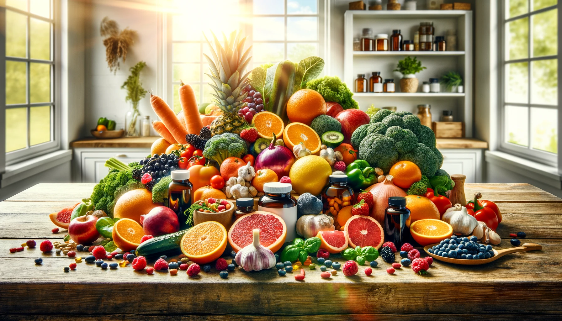 A colorful display of immune-boosting foods and supplements representing "Immune Support" on Healthy Life - New Start.