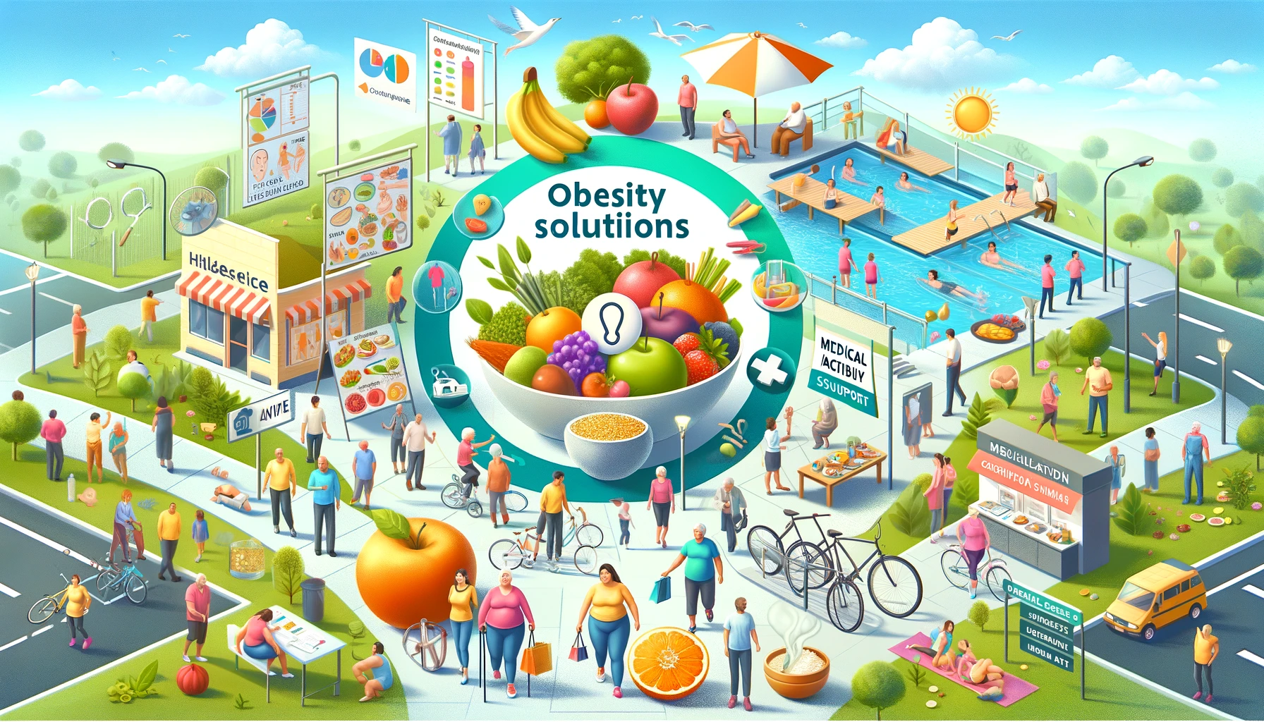 : Diverse community engaging in healthy eating and activities for obesity solutions on Healthy Life - New Start blog.