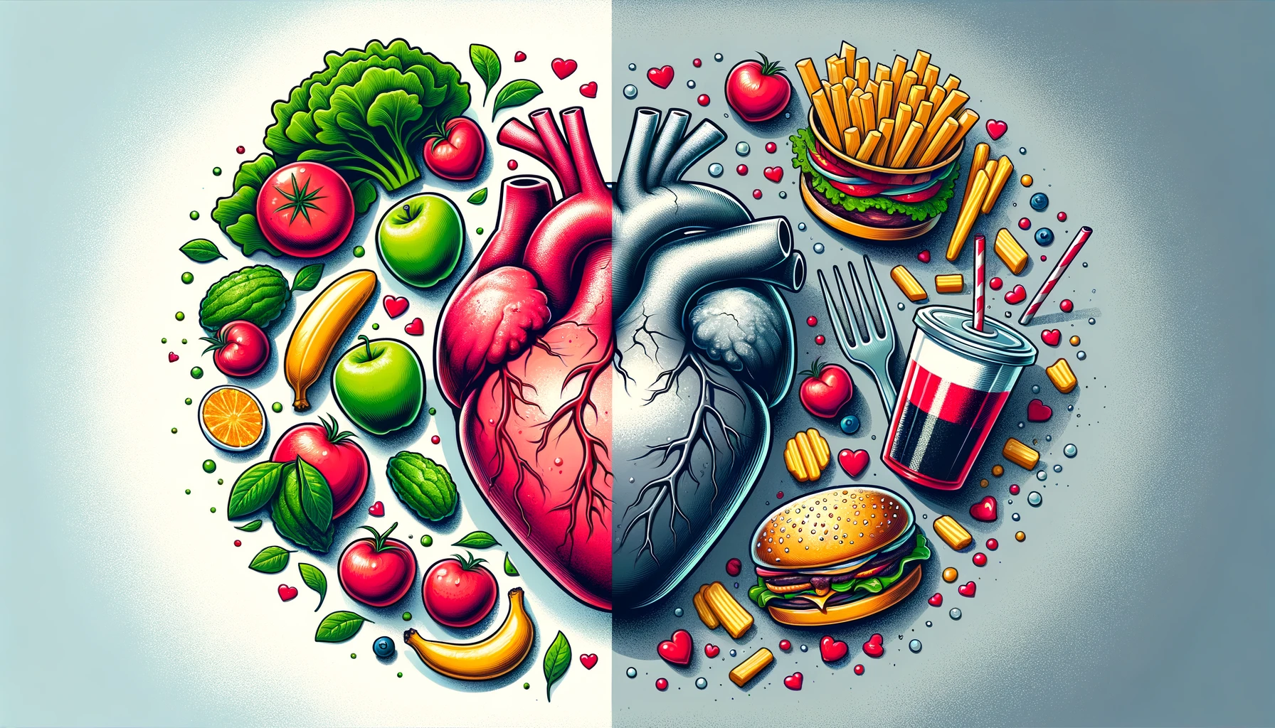 Illustration of a healthy heart with fresh foods on one side and a heart affected by fast food on the other.