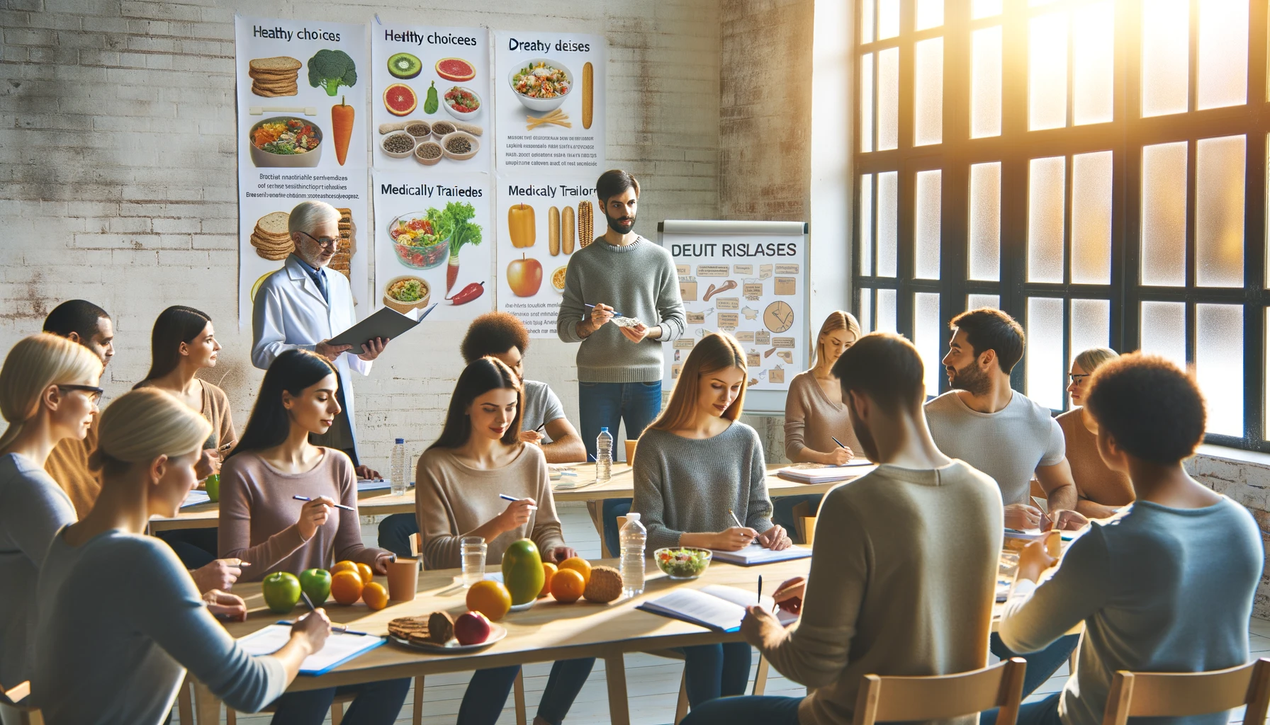 Diverse individuals in a nutrition class, discussing medically tailored meals with diet-related diseases posters on the walls.