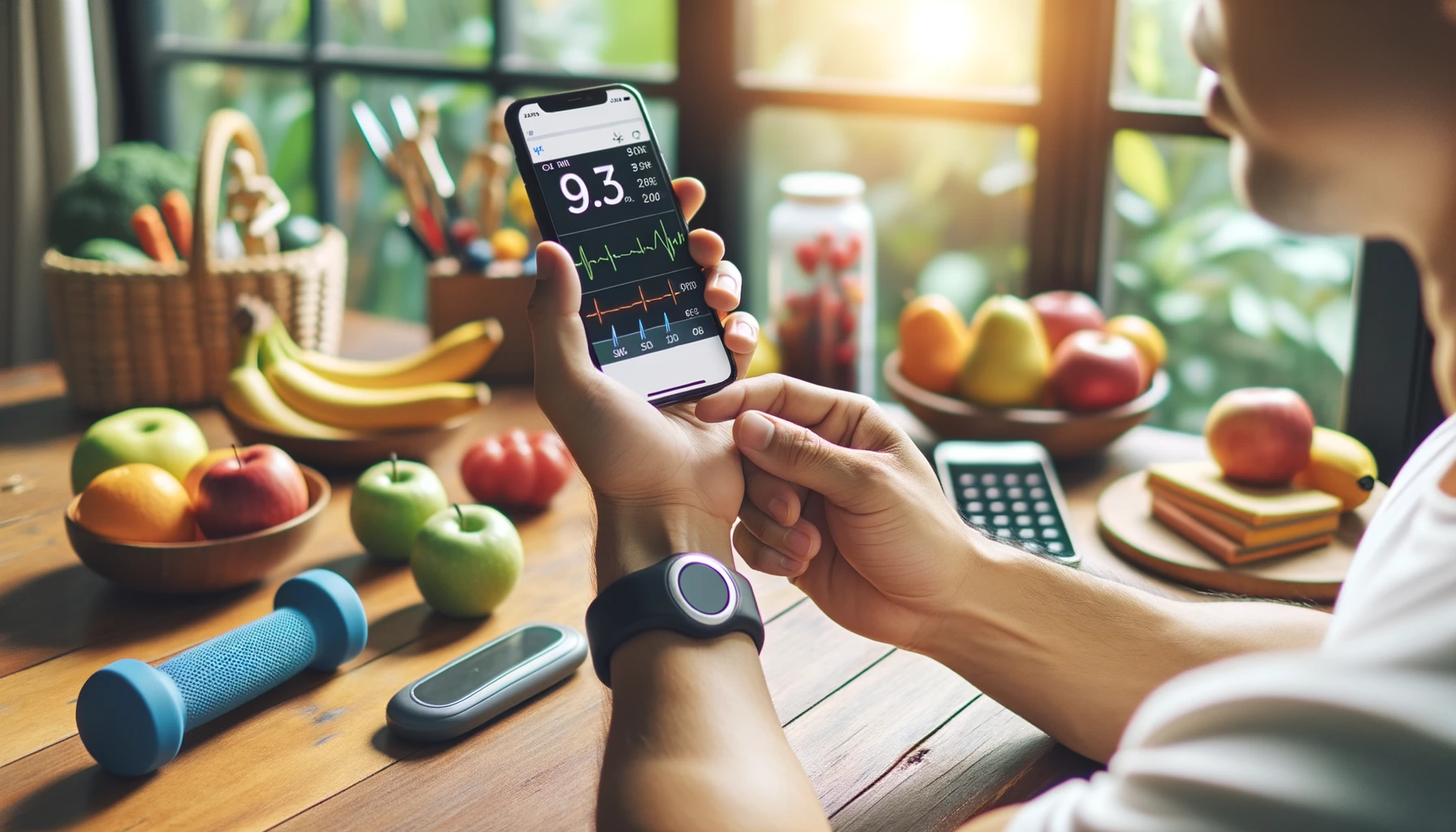 An individual using a Continuous Glucose Monitoring (CGM) device on their arm, checking the readings on a smartphone. In the background, a setting representing a healthy lifestyle with fruits, vegetables, and exercise equipment