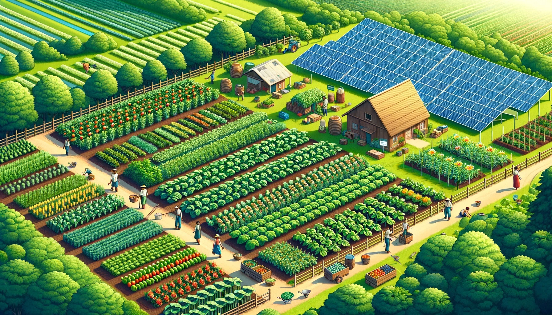 ush green farm with solar panels and diverse crops.