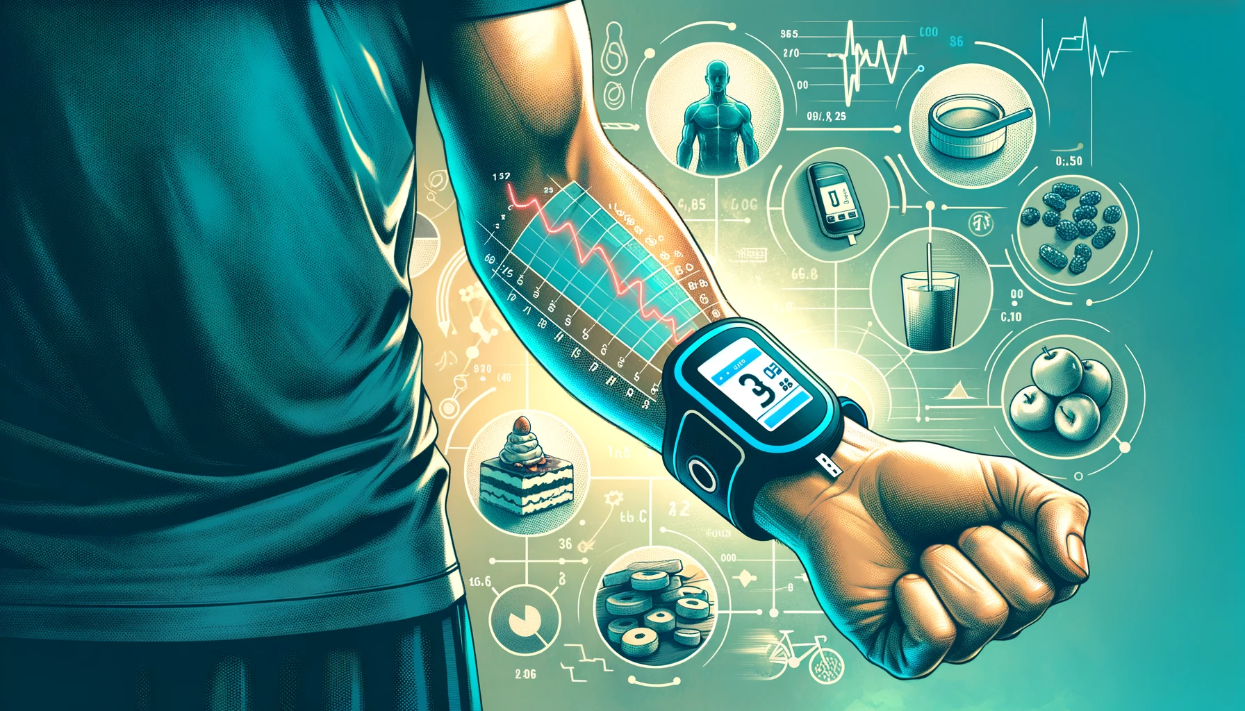  Illustration of an athletic arm with a CGM sensor and faded graphics of sports activities and carbohydrate-rich foods.