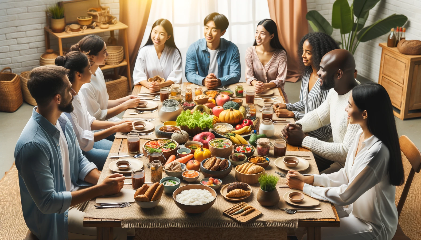 A group of diverse individuals sharing and enjoying dishes from various cultures, promoting understanding and respect for different dietary practices.