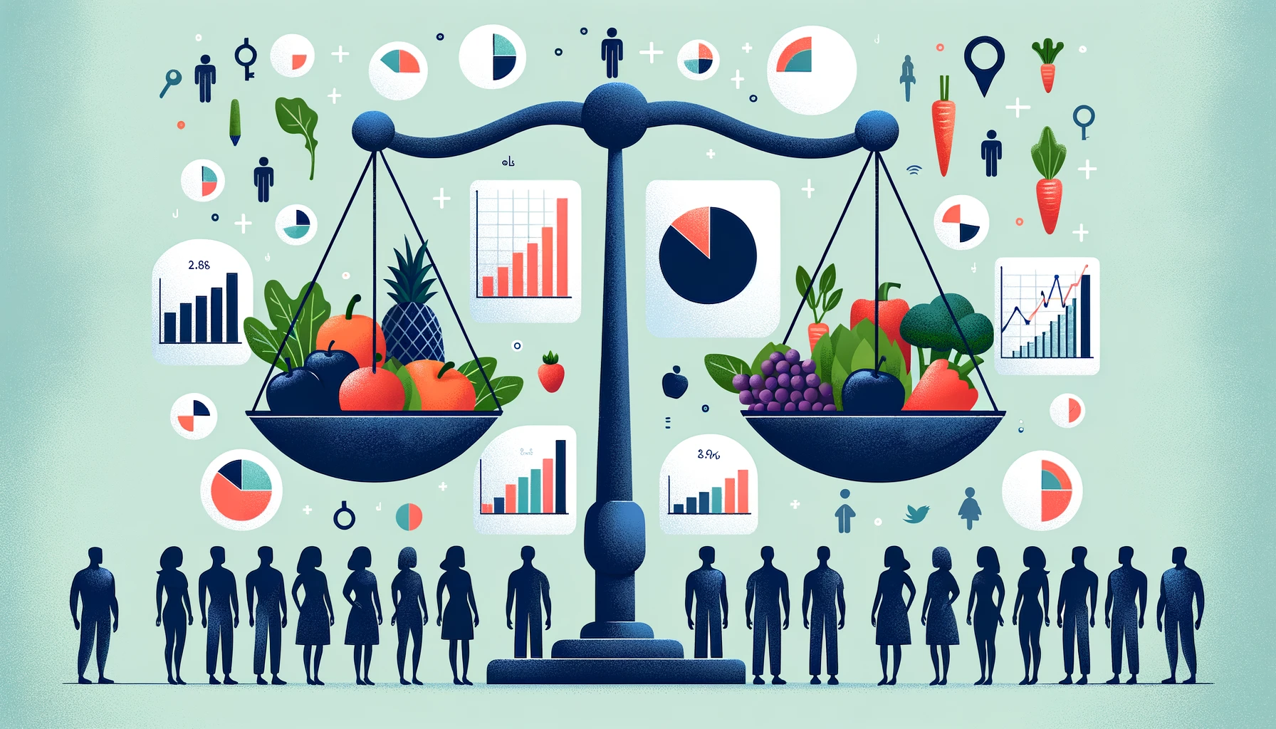 A conceptual illustration of a scale balancing fresh produce and data charts, surrounded by diverse silhouettes.