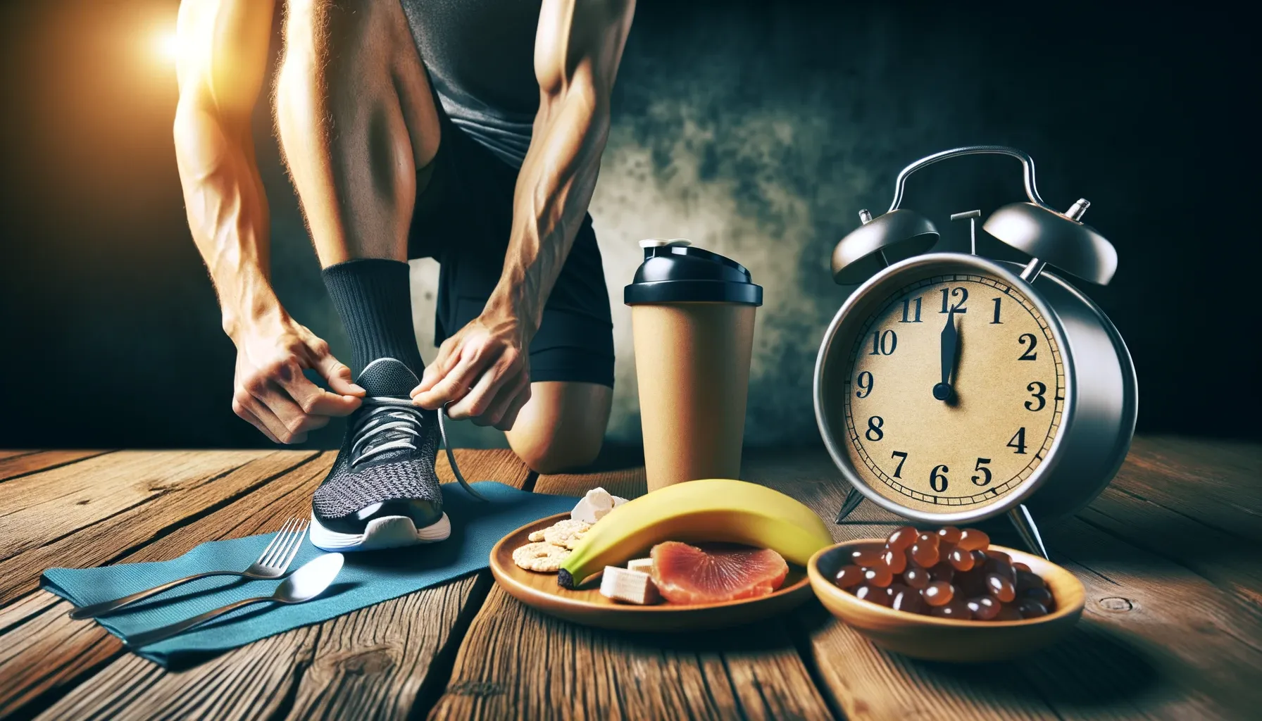 Athlete preparing for competition with a plate of carbohydrate and protein-rich foods beside them and a countdown clock in the background.