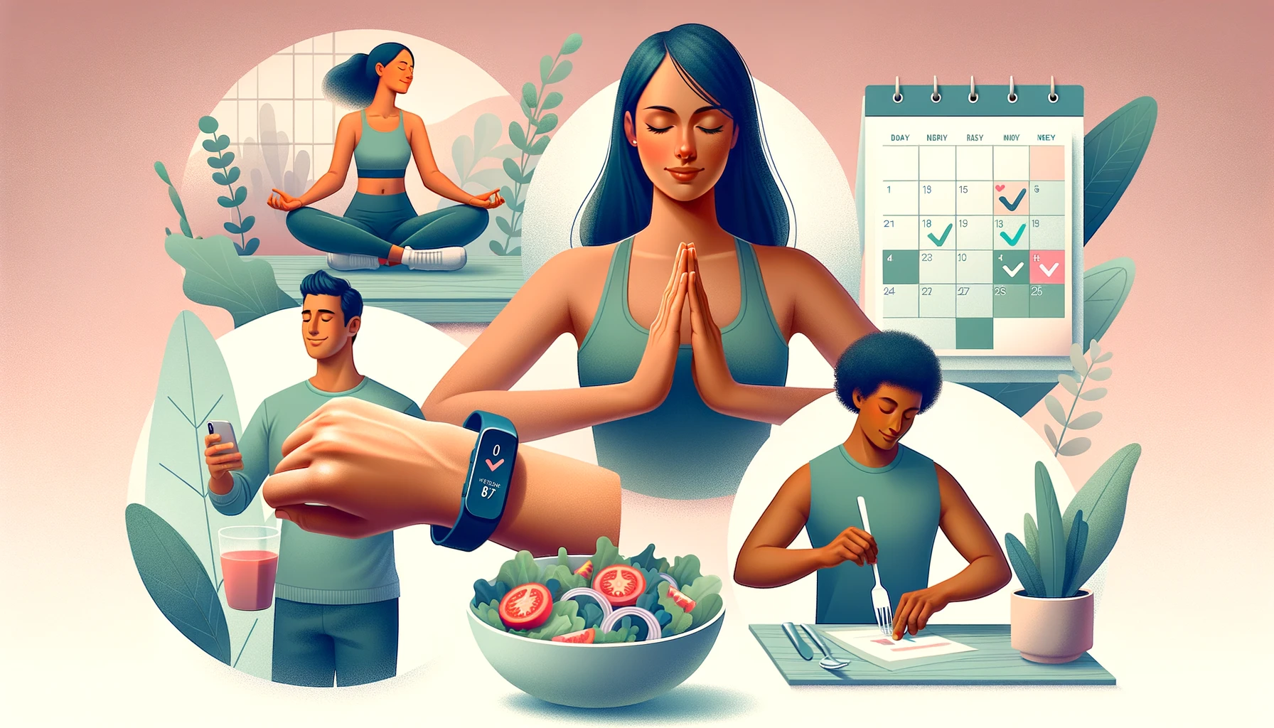 Diverse individuals engaging in wellness routines, from meditation to healthy eating, emphasizing the importance of consistent habits for improved well-being.