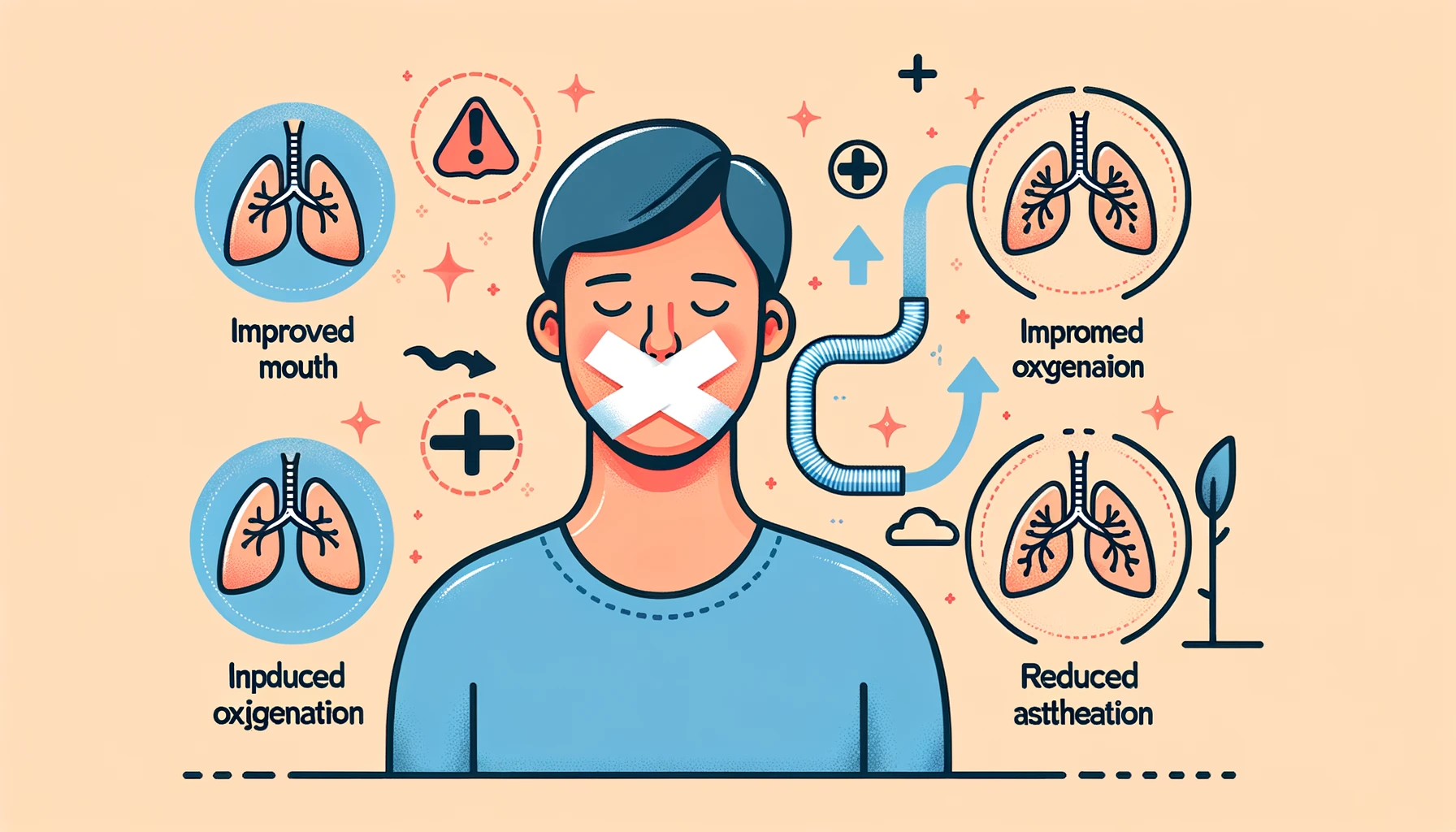 Illustration of nasal breathing benefits and a person practicing the Buteyko technique with taped mouth.
