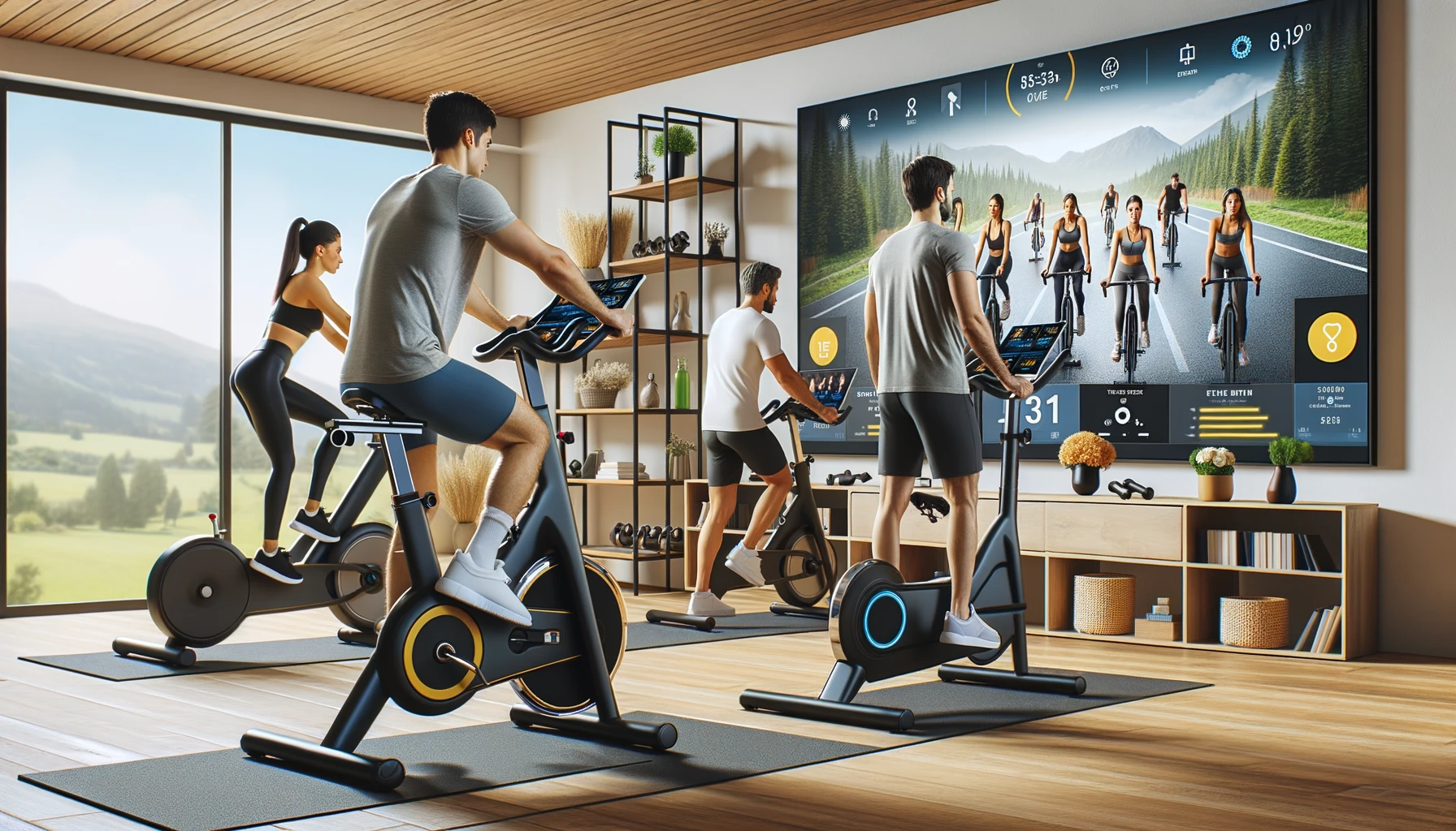 Diverse individuals in a modern home gym, engaging with high-tech fitness equipment such as a Peloton bike and virtual class.