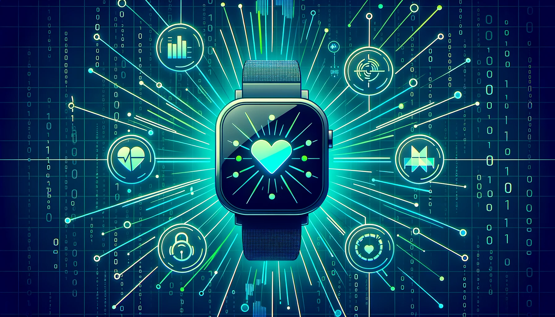 Conceptual illustration of a smartwatch connected to various fitness metrics icons.