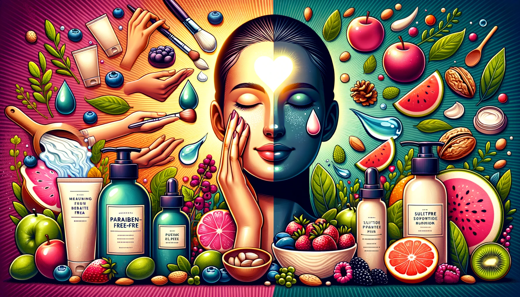 Illustration showcasing diverse individuals using natural skincare products and nutritious foods promoting hydration and natural beauty.
