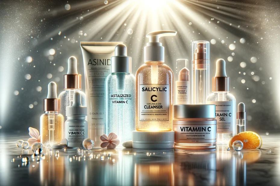 This image features a variety of drugstore skincare products, including a salicylic acid cleanser, stabilized vitamin C serum, hyaluronic acid moisturizer, retinol cream, and niacinamide serum, all arranged on a marble surface with a bright, clean ambiance.