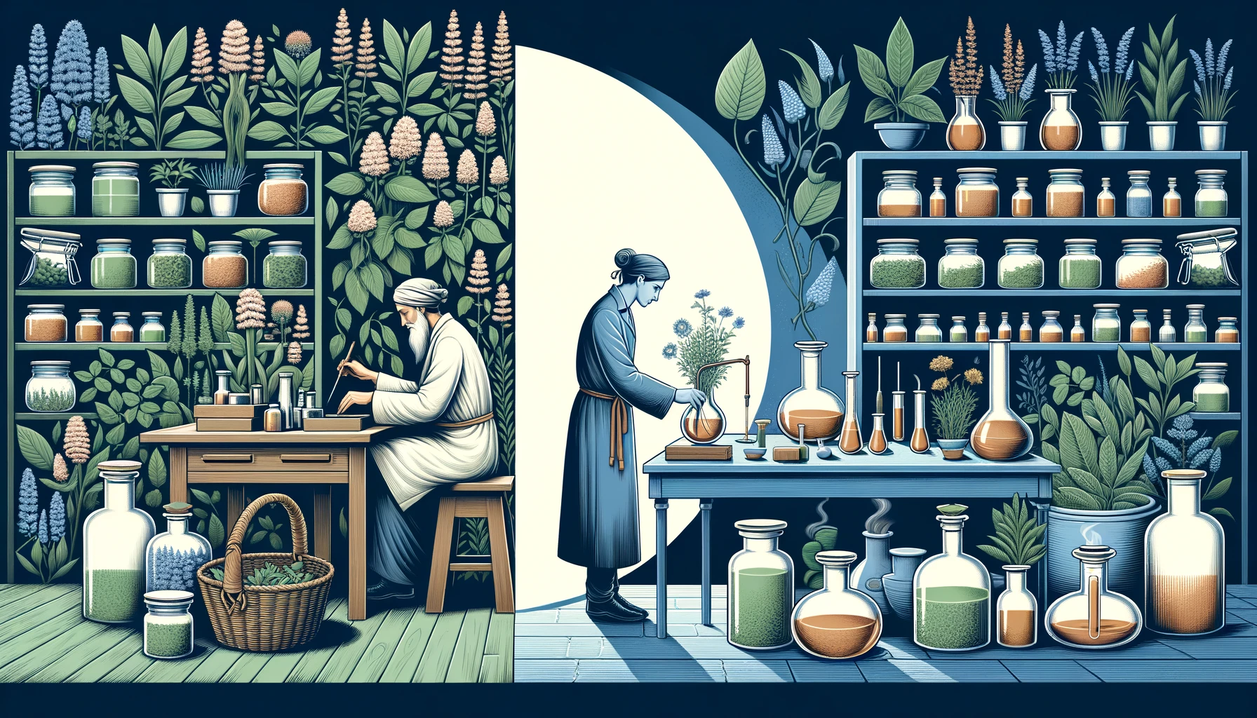 Illustration contrasting ancient herbal practices with a contemporary herbalist in a modern setting.