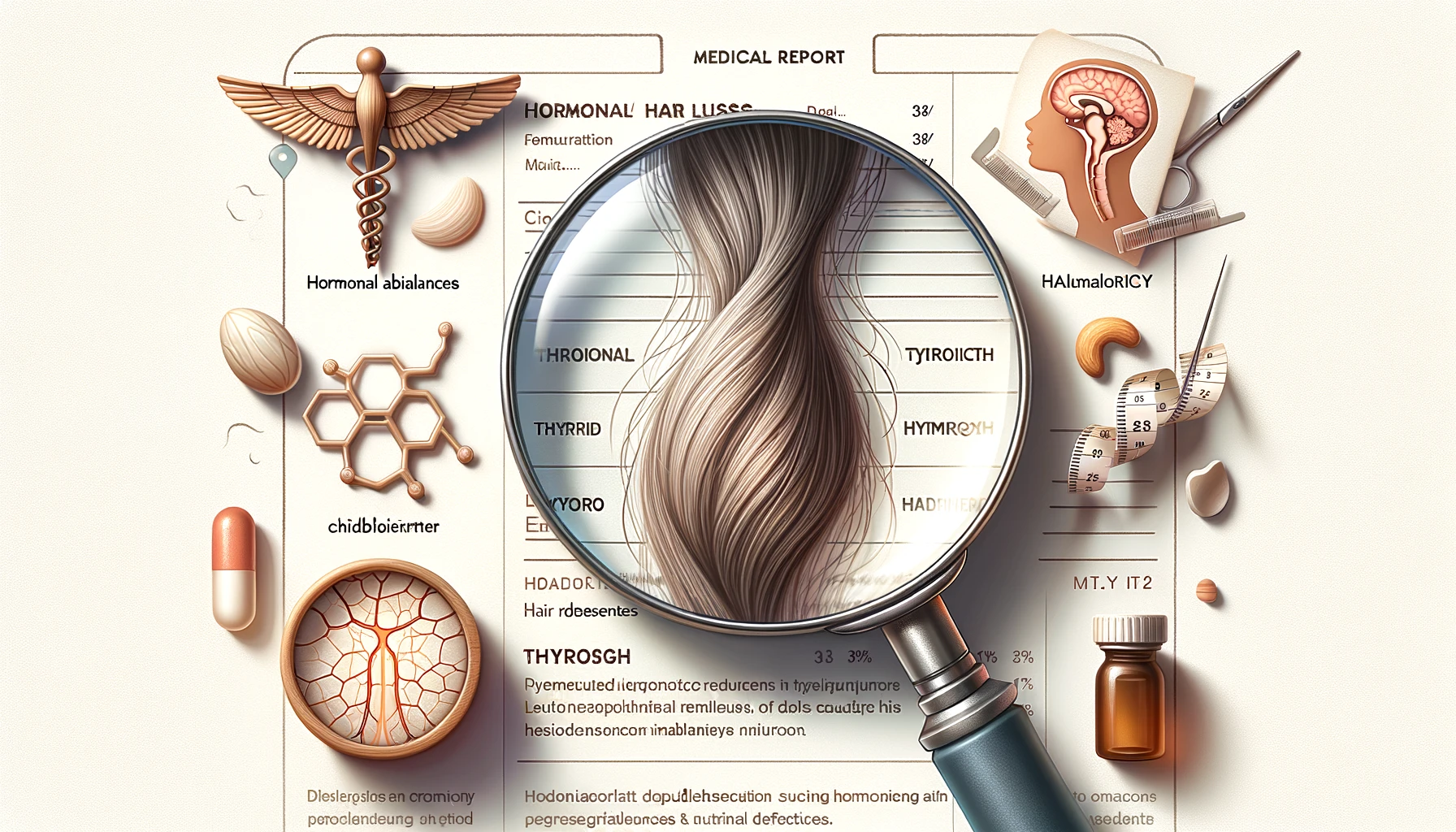 Illustration of magnified hair structure alongside medical indications for hormonal imbalances and nutrient deficiencies.