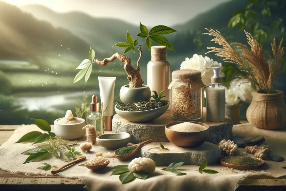 This image portrays a tranquil and natural setting, highlighting key elements of organic Korean skincare. It features raw ingredients like green tea leaves, ginseng roots, and rice bran, either in their natural form or as part of skincare products. The background is a serene garden or natural landscape, symbolizing the union of nature and skincare. The color scheme is earthy, with shades of green, brown, and soft white, reflecting the organic and natural ethos of Korean skincare.